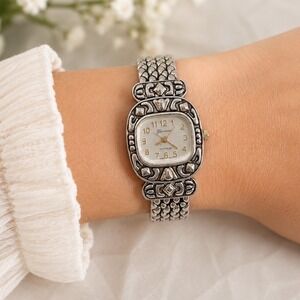 Vintage Geneva Cuff Bracelet Watch Womens Silver Tone Ornate Textured Working